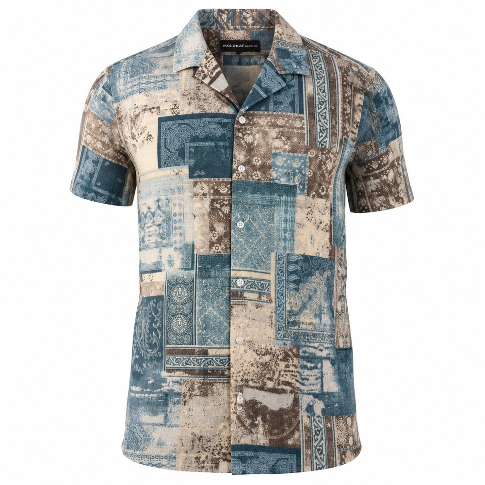 Molokai Surf Co Mens Blue Brown Patchwork Paisley Short Sleeve Button Up Shirt L